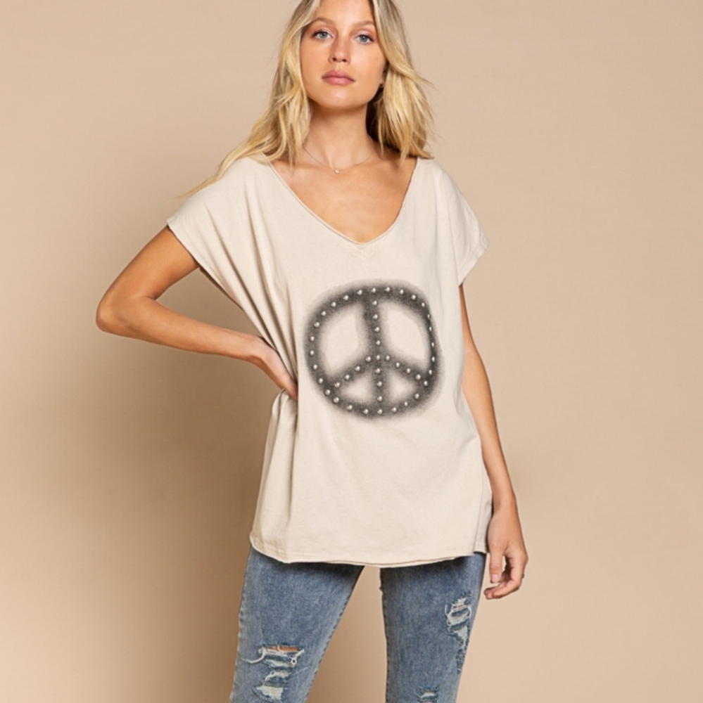 NEW POL V-Neck Studded Peace Sign Tee ~ Small Med Lg Available